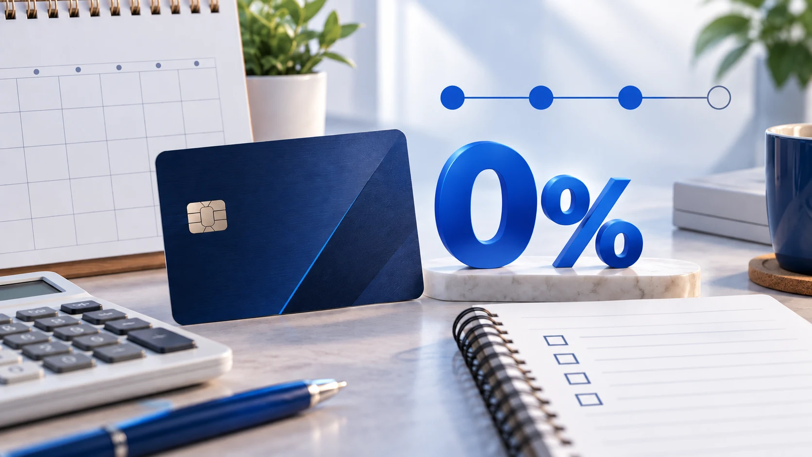 Credit card next to a 0% symbol, calendar and calculator for planning a purchase APR payoff