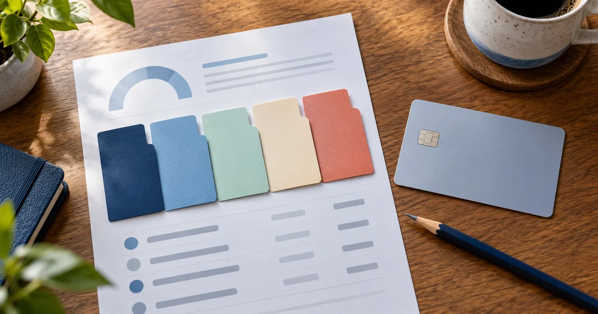 Five paper tabs on a credit report beside a card, illustrating a recent account count