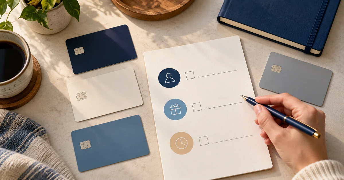 Blank payment cards beside a checklist for comparing credit card application rules by issuer