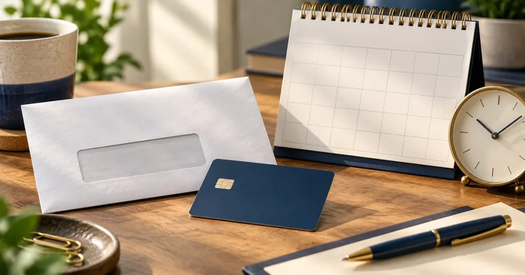 Statement envelope, calendar and clock beside a payment card, illustrating the credit card grace period