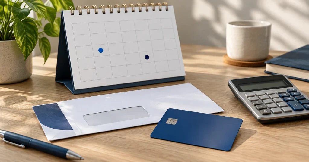 Calendar and statement envelope beside a payment card, illustrating credit utilization reporting and due dates