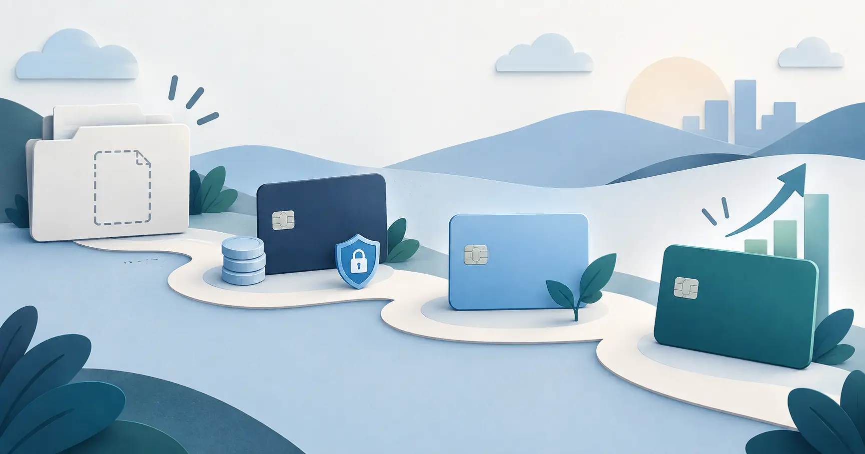 Illustration of blank starter cards along a path toward building credit history