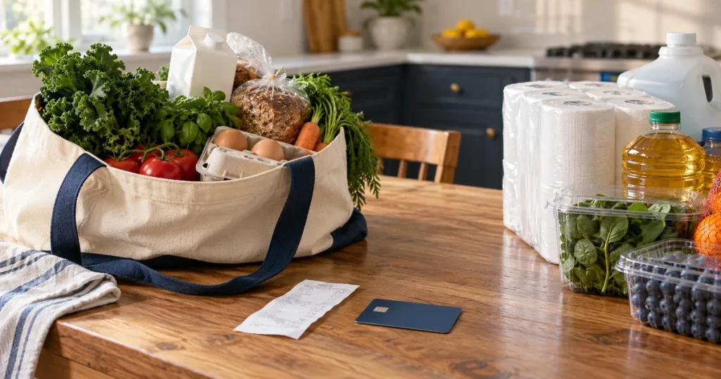 Grocery store rewards illustrated by a bag of produce, payment card, receipt and bulk shopping items.