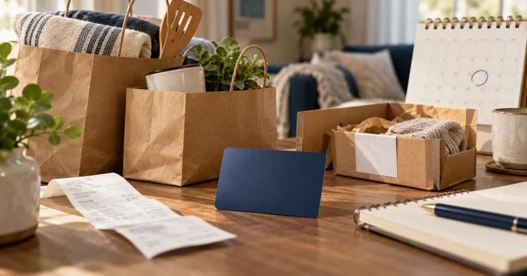 Household purchases, receipt and return parcel beside a card and calendar for welcome offer spending