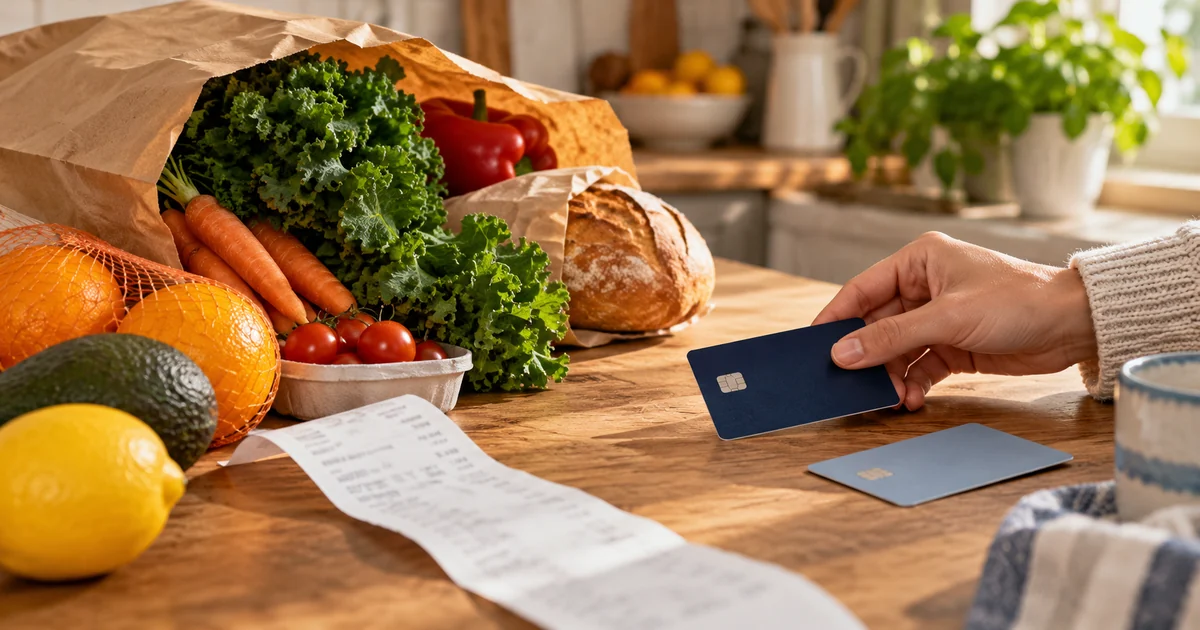 Groceries and a receipt beside two payment cards, illustrating a switch after a cash back spending cap