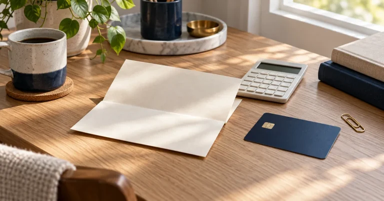 Calculator, billing paper and a navy card on a desk.