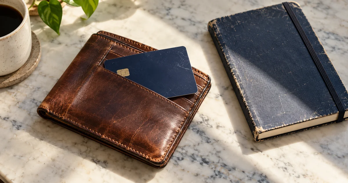 A worn navy card in a brown leather wallet beside an old notebook.