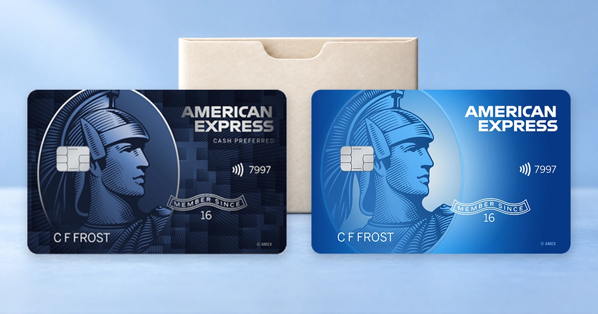 American Express Blue Cash Preferred and Blue Cash Everyday cards beside a card sleeve.