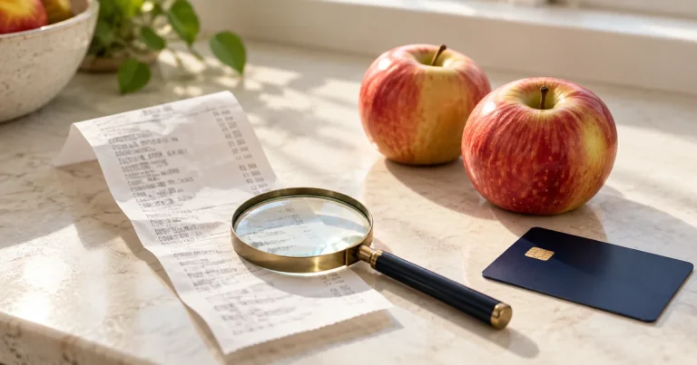 Magnifying glass over a grocery receipt beside apples and a navy card.