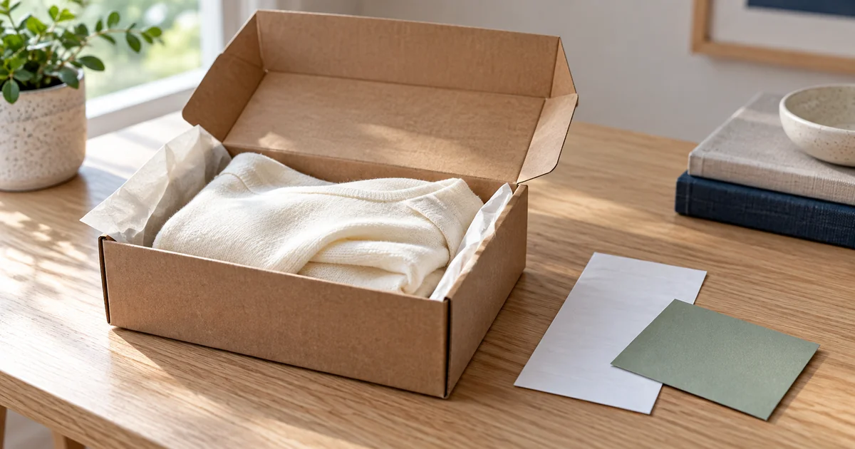 Open return parcel with folded clothing and a paper slip.