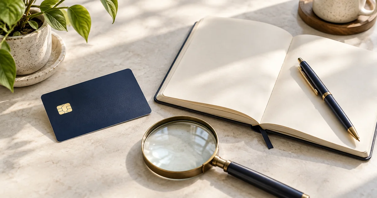 A navy card, magnifying glass and open notebook for reviewing disclosures.