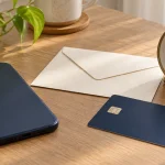Phone, desk clock, envelope and navy card arranged for payment planning.