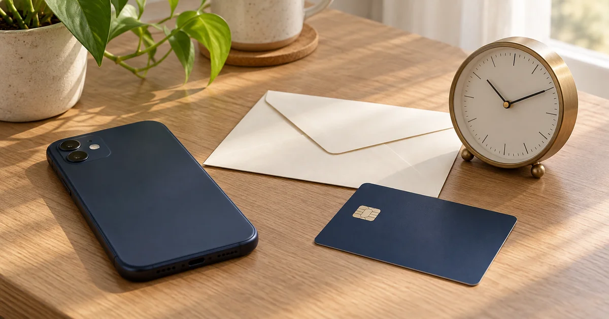 Phone, desk clock, envelope and navy card arranged for payment planning.