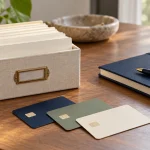 Organized index cards and three generic cards beside a research notebook.