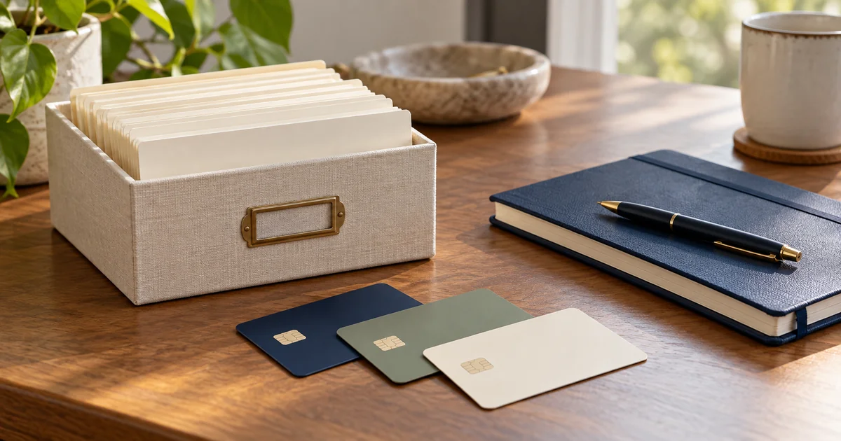 Organized index cards and three generic cards beside a research notebook.