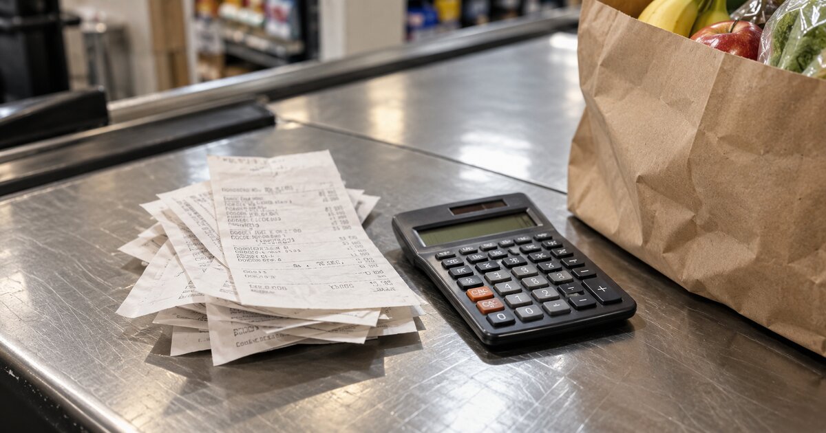 Shopping receipts and a calculator beside a grocery bag at a checkout counter.