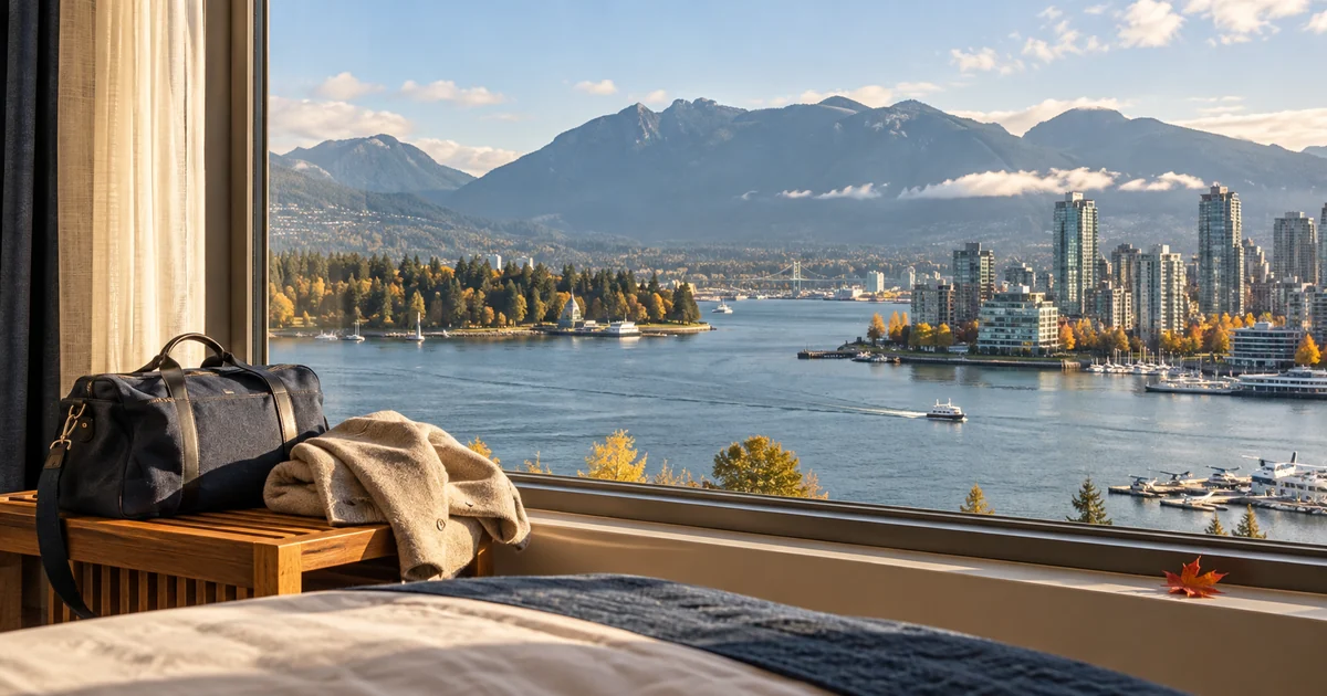 Travel bag and jacket beside a window overlooking a Canadian-style harbor