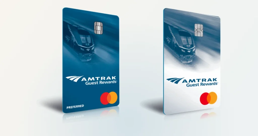 Official Amtrak Guest Rewards Preferred and no-annual-fee Mastercard card images on a neutral background.