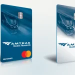 Official Amtrak Guest Rewards Preferred and no-annual-fee Mastercard card images on a neutral background.