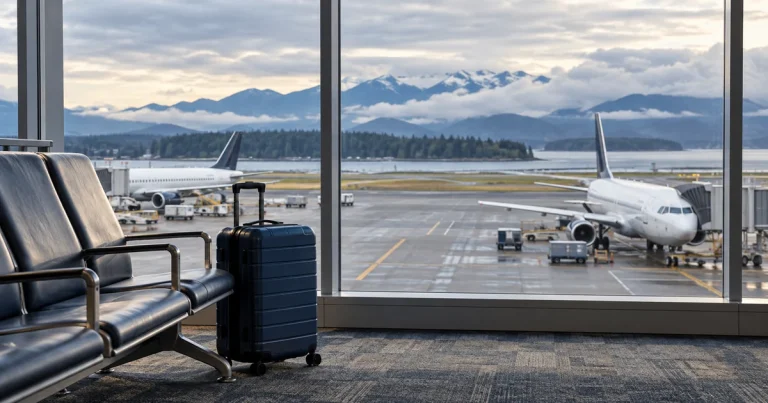 Carry-on suitcase beside airport seats overlooking parked aircraft