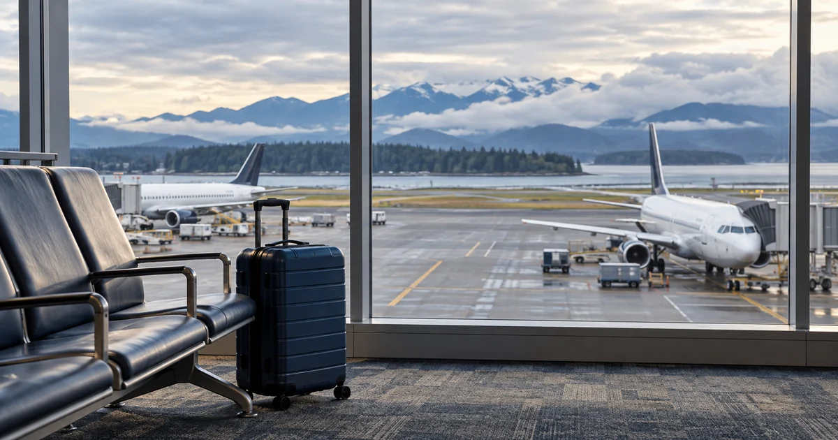Carry-on suitcase beside airport seats overlooking parked aircraft