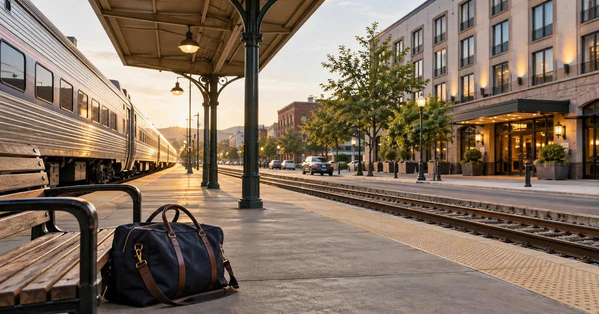 Train beside a station platform with a hotel across the street