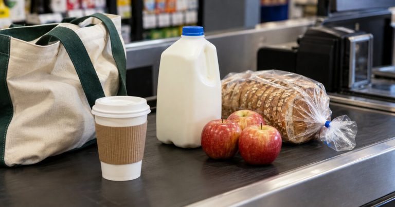 Groceries, a reusable bag and takeaway coffee on a supermarket checkout belt.