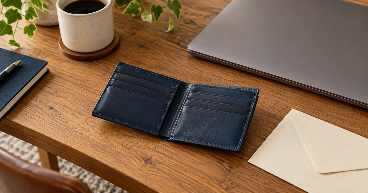Open navy wallet beside a laptop and a cream envelope on a wooden desk.