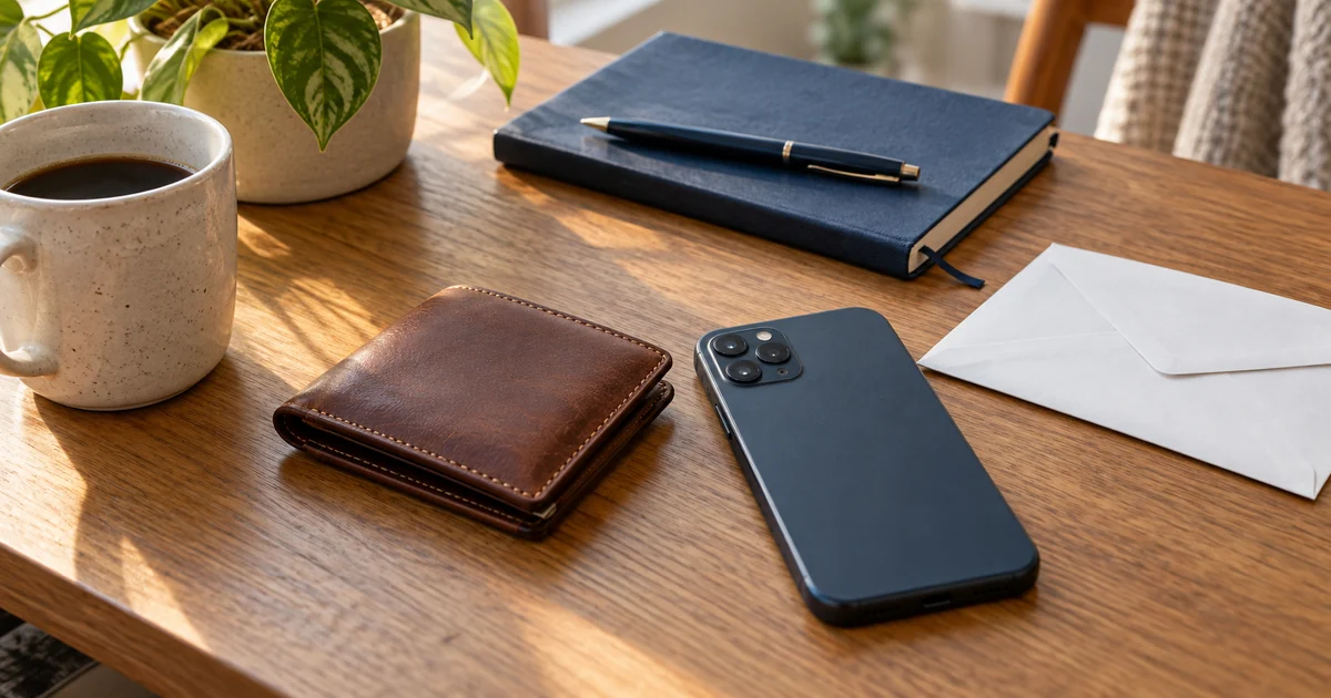 Closed wallet, phone, notebook and envelope on a wooden desk