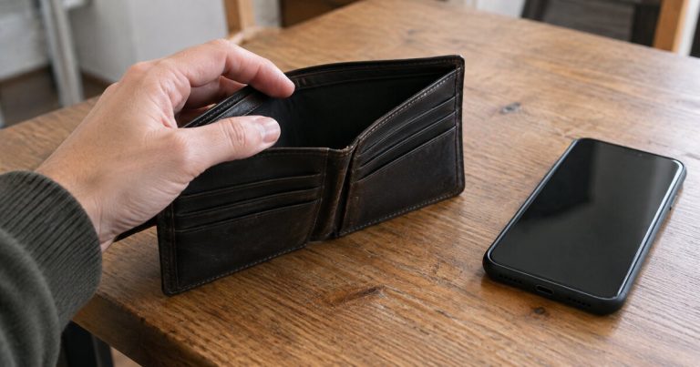 A hand opening a wallet beside a smartphone.