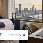 Hyatt and American Airlines logos over an illustrative hotel-room background.