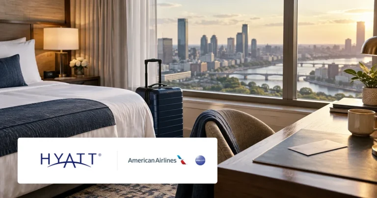 Hyatt and American Airlines logos over an illustrative hotel-room background.