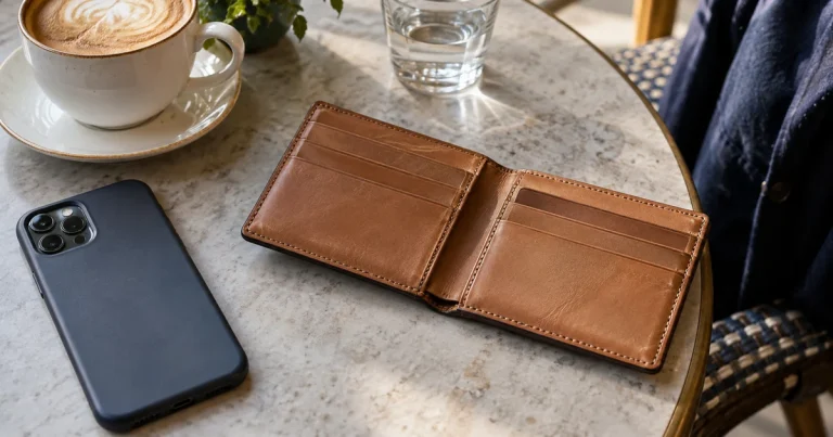 Empty tan wallet and a smartphone on a cafe table.