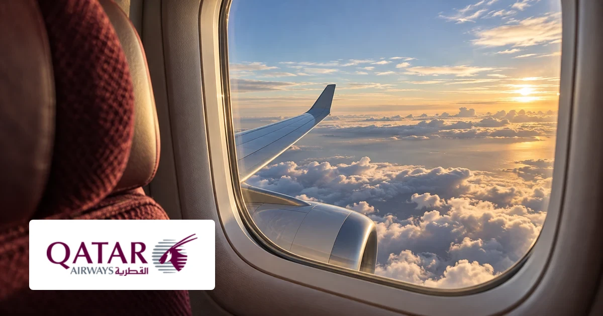 Qatar Airways logo over an illustrative airplane-window view above the clouds.