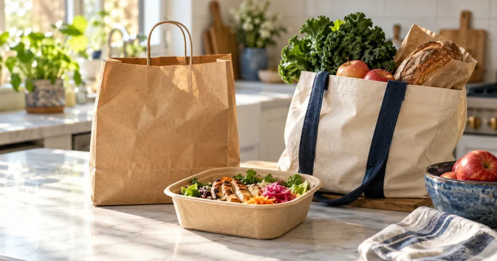 Takeout lunch and grocery bags on a sunlit kitchen counter