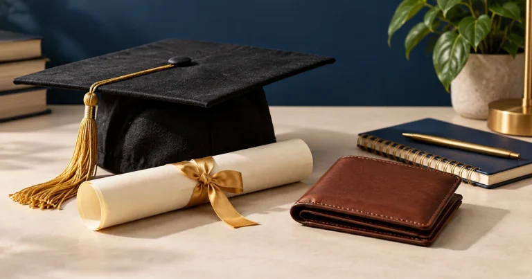 A graduation cap, diploma, and wallet beside a notebook.