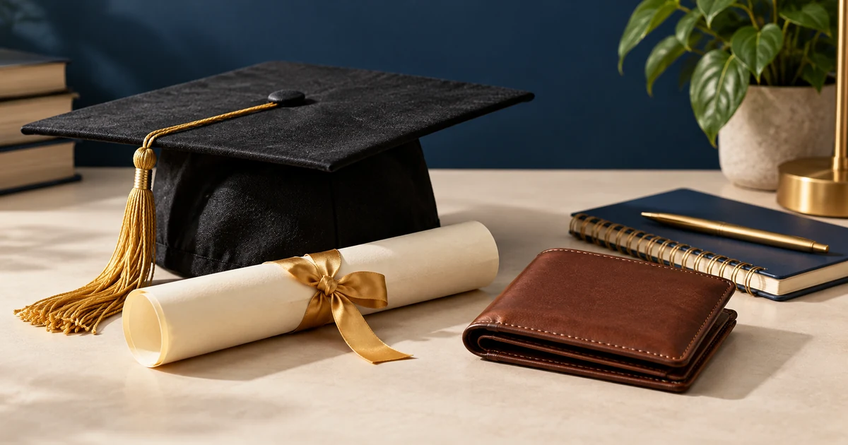 A graduation cap, diploma, and wallet beside a notebook.